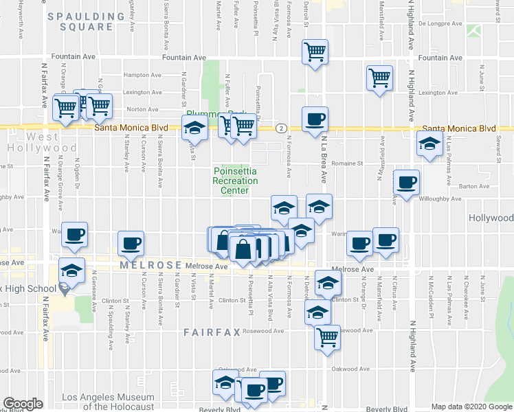 map of restaurants, bars, coffee shops, grocery stores, and more near 824 North Poinsettia Place in Los Angeles