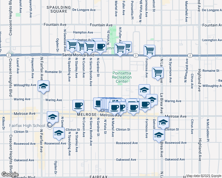 map of restaurants, bars, coffee shops, grocery stores, and more near 823 North Martel Avenue in Los Angeles
