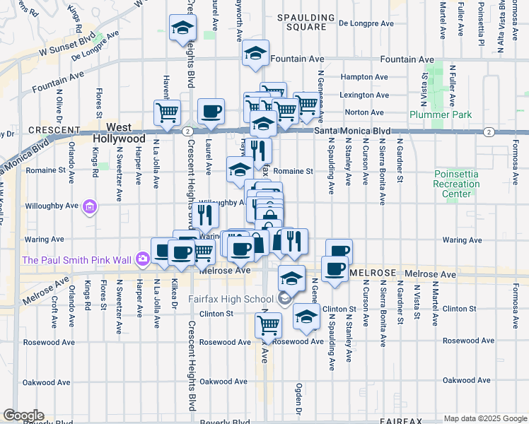 map of restaurants, bars, coffee shops, grocery stores, and more near 801 North Fairfax Avenue in Los Angeles