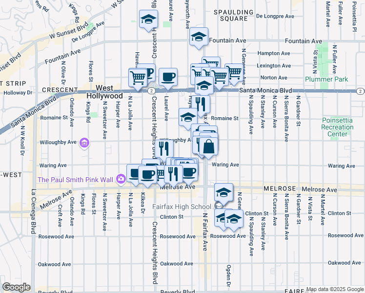map of restaurants, bars, coffee shops, grocery stores, and more near 812 North Edinburgh Avenue in Los Angeles