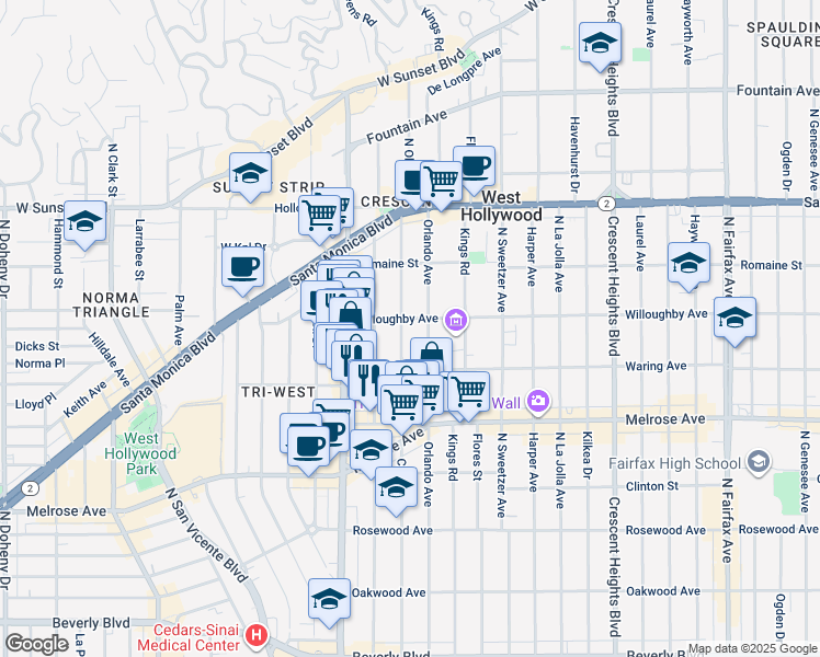 map of restaurants, bars, coffee shops, grocery stores, and more near 822 North Croft Avenue in Los Angeles