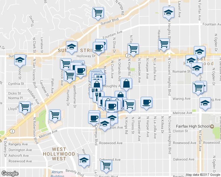 map of restaurants, bars, coffee shops, grocery stores, and more near 822 North Croft Avenue in Los Angeles