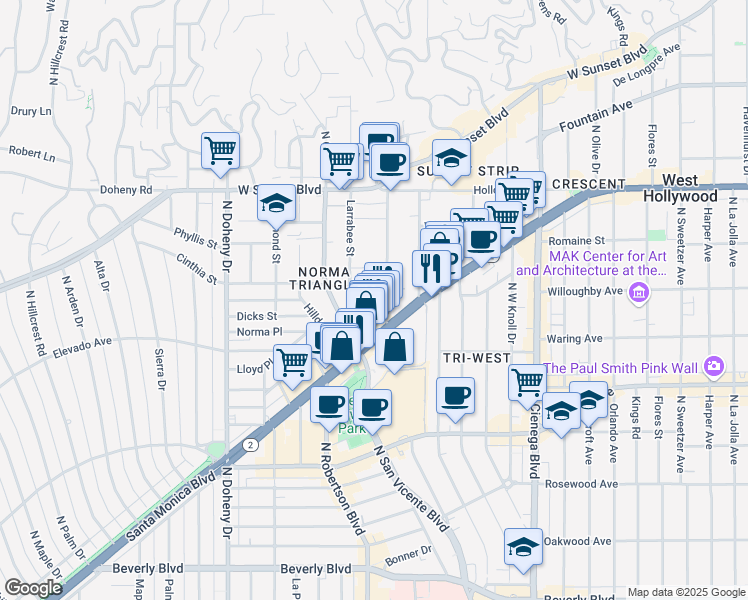 map of restaurants, bars, coffee shops, grocery stores, and more near 805 Palm Avenue in Los Angeles