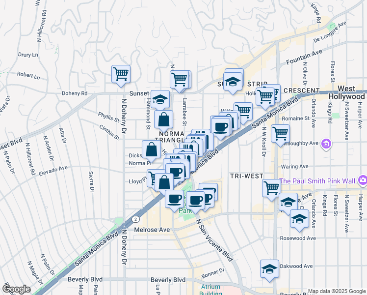 map of restaurants, bars, coffee shops, grocery stores, and more near 840 North San Vicente Boulevard in West Hollywood