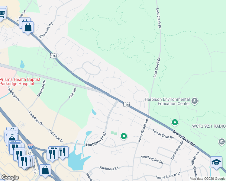 map of restaurants, bars, coffee shops, grocery stores, and more near 22 Forest Trail Court in Columbia