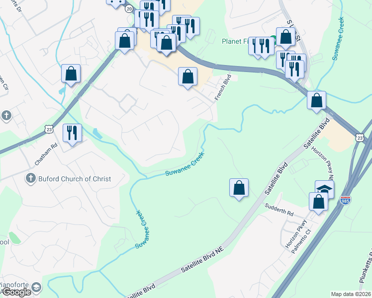map of restaurants, bars, coffee shops, grocery stores, and more near 1494 Carter Drive in Buford