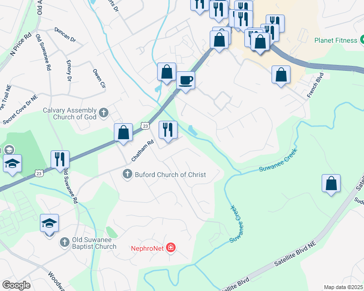 map of restaurants, bars, coffee shops, grocery stores, and more near 1326 Castleberry Drive in Buford