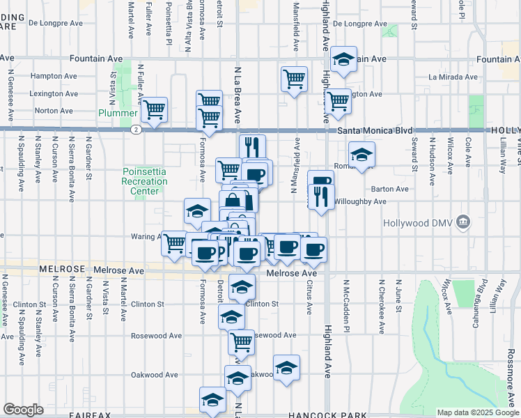 map of restaurants, bars, coffee shops, grocery stores, and more near 848 2/5 North Sycamore Avenue in Los Angeles