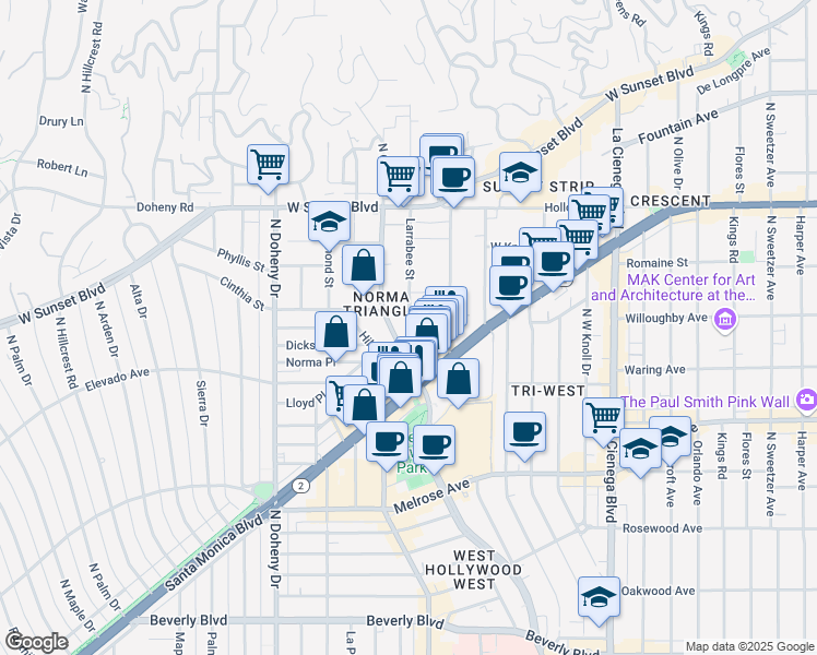 map of restaurants, bars, coffee shops, grocery stores, and more near 853 Larrabee Street in West Hollywood