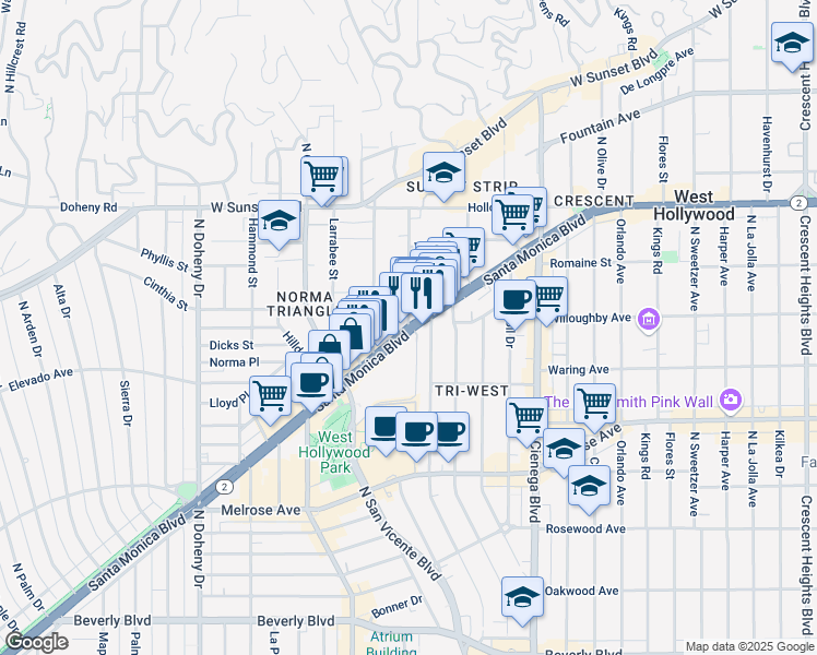map of restaurants, bars, coffee shops, grocery stores, and more near Santa Monica Boulevard & Hancock Avenue in West Hollywood