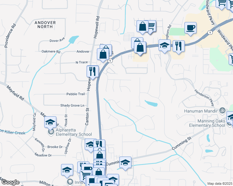 map of restaurants, bars, coffee shops, grocery stores, and more near 3060 Winston Terrace Court in Alpharetta