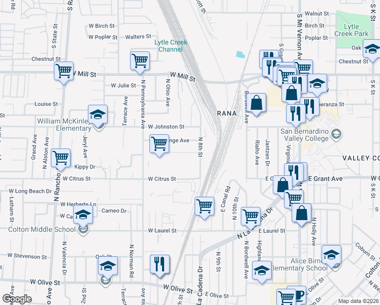 map of restaurants, bars, coffee shops, grocery stores, and more near 1651 North 8th Street in Colton