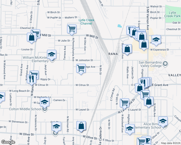 map of restaurants, bars, coffee shops, grocery stores, and more near 331 West Citrus Street in Colton