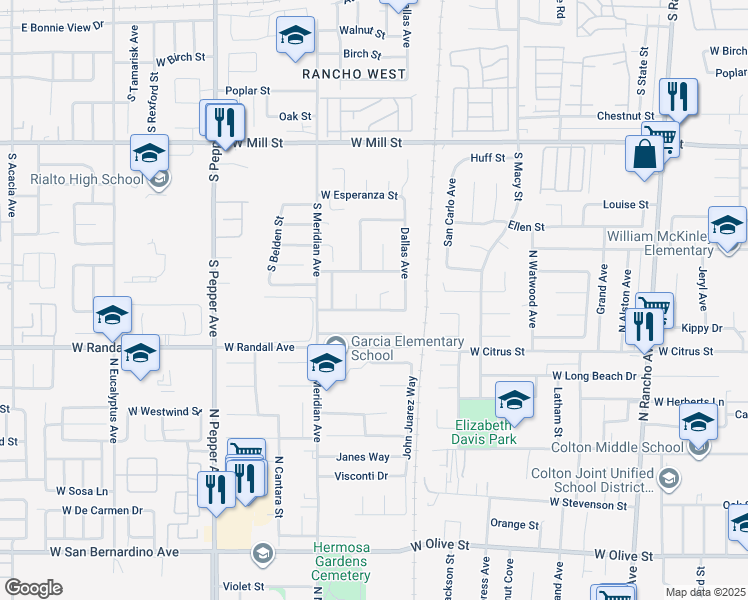 map of restaurants, bars, coffee shops, grocery stores, and more near 834 South Lassen Avenue in San Bernardino