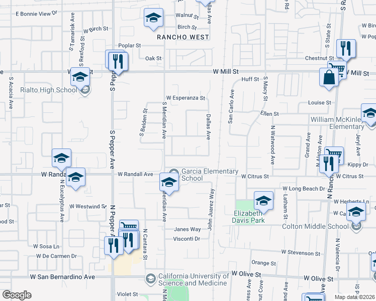map of restaurants, bars, coffee shops, grocery stores, and more near 2605 Los Robles Avenue in San Bernardino
