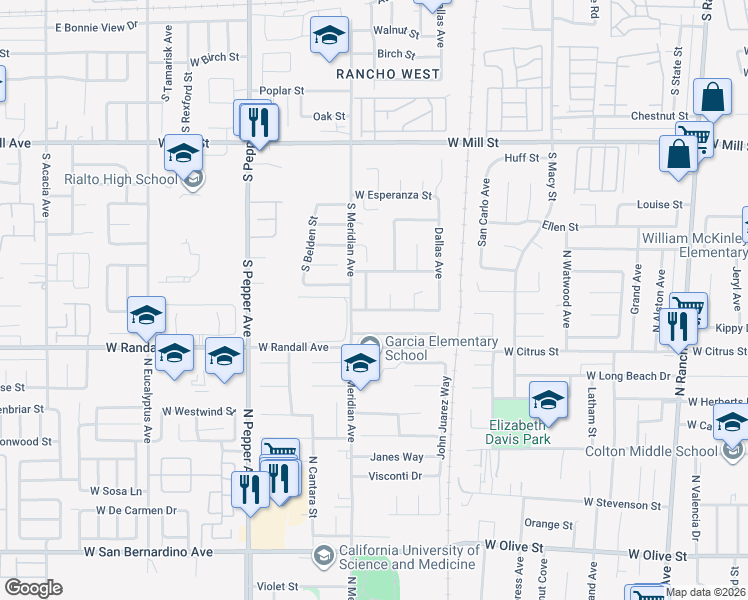 map of restaurants, bars, coffee shops, grocery stores, and more near 2685 Los Robles Avenue in San Bernardino