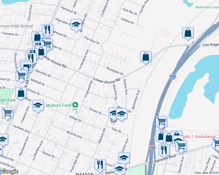 map of restaurants, bars, coffee shops, grocery stores, and more near 4719 Maxson Road in El Monte