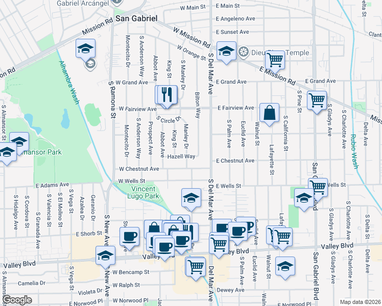 map of restaurants, bars, coffee shops, grocery stores, and more near 147 West Chestnut Avenue in San Gabriel