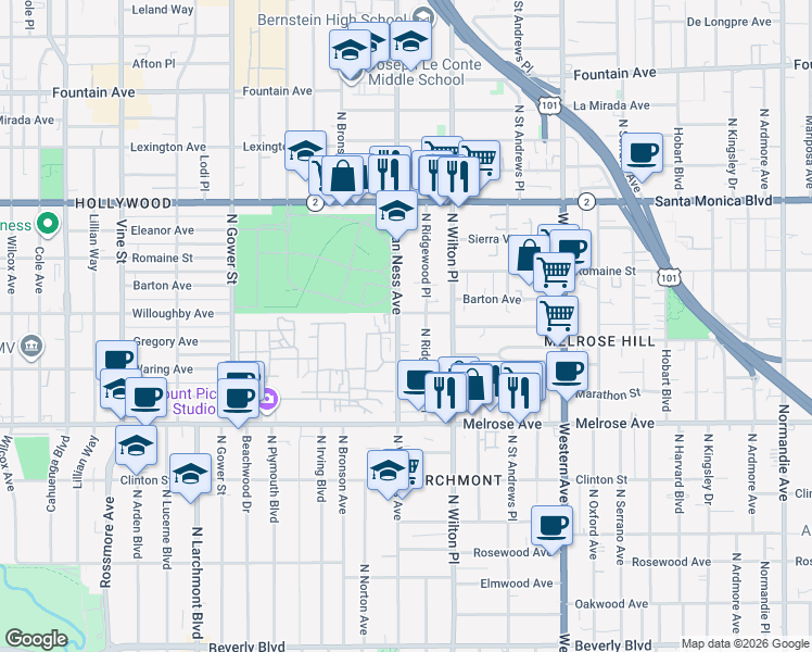 map of restaurants, bars, coffee shops, grocery stores, and more near 818 North Van Ness Avenue in Los Angeles