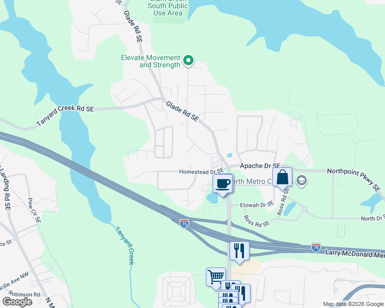 map of restaurants, bars, coffee shops, grocery stores, and more near 4471 Timberland Circle in Acworth