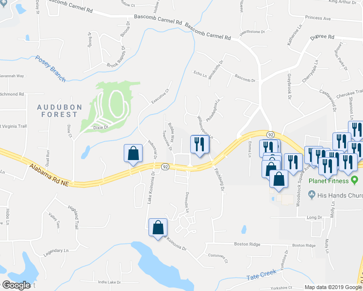 map of restaurants, bars, coffee shops, grocery stores, and more near Kasey Drive in Woodstock