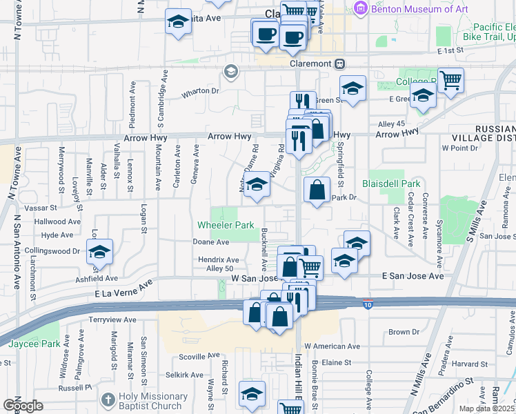 map of restaurants, bars, coffee shops, grocery stores, and more near 550 Vista Drive in Claremont