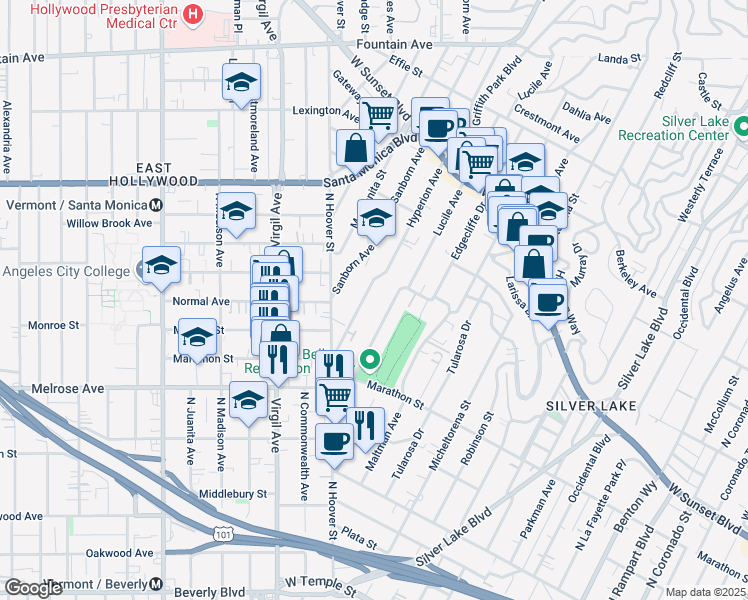 map of restaurants, bars, coffee shops, grocery stores, and more near 923 Lucile Avenue in Los Angeles