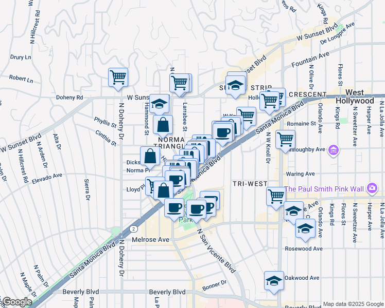 map of restaurants, bars, coffee shops, grocery stores, and more near 840 Larrabee Street in West Hollywood