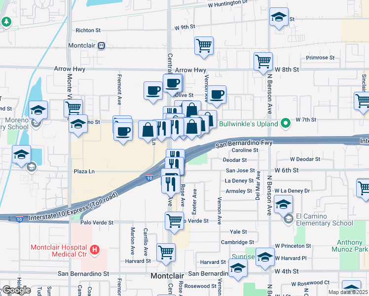 map of restaurants, bars, coffee shops, grocery stores, and more near 9197 Central Avenue in Montclair