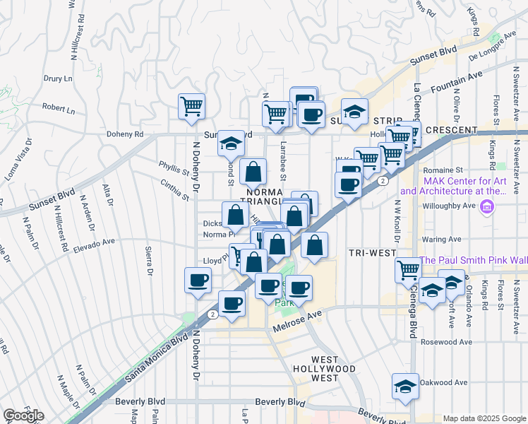 map of restaurants, bars, coffee shops, grocery stores, and more near 851 North San Vicente Boulevard in West Hollywood
