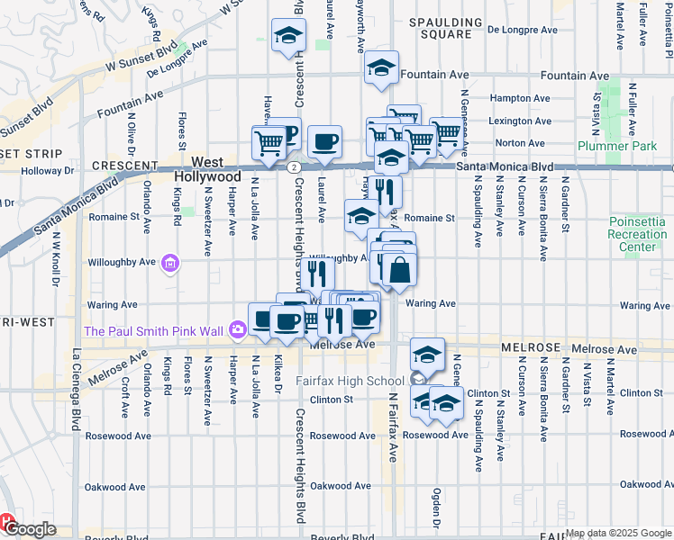map of restaurants, bars, coffee shops, grocery stores, and more near 833 North Edinburgh Avenue in Los Angeles