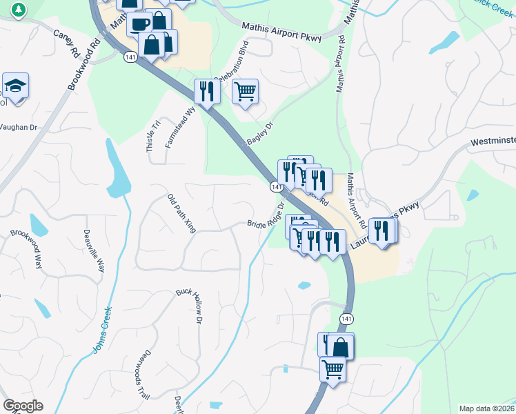 map of restaurants, bars, coffee shops, grocery stores, and more near 3305 Parsons Run in Suwanee