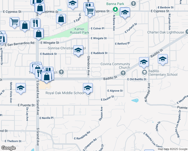 map of restaurants, bars, coffee shops, grocery stores, and more near 148 North Glendora Avenue in Covina