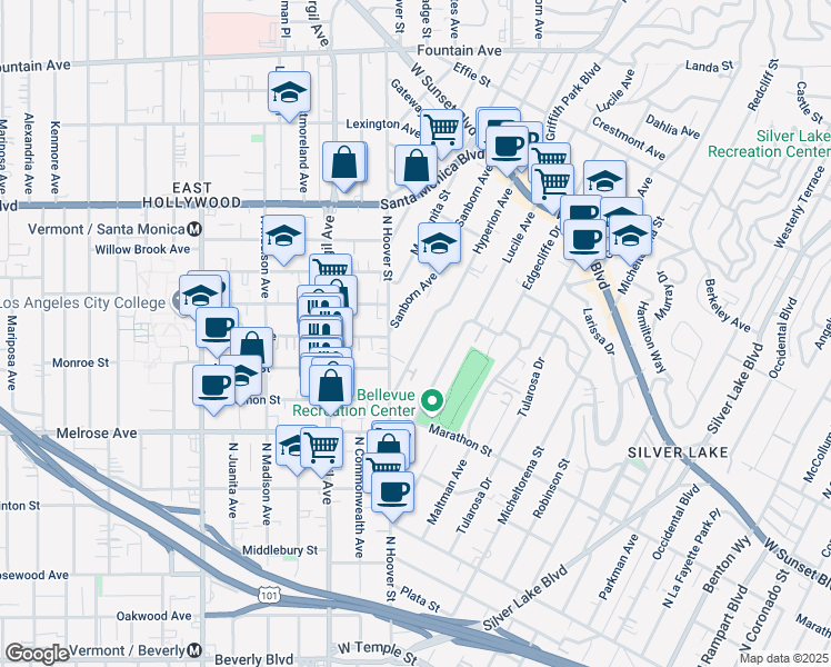 map of restaurants, bars, coffee shops, grocery stores, and more near 803 Hyperion Avenue in Los Angeles