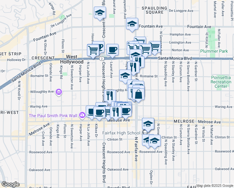 map of restaurants, bars, coffee shops, grocery stores, and more near in West Hollywood