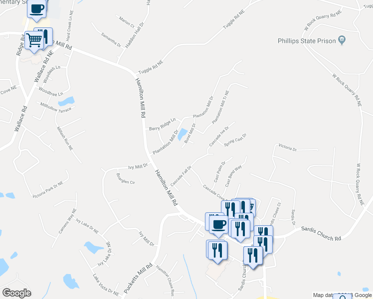 map of restaurants, bars, coffee shops, grocery stores, and more near 3687 Burel Mill Drive in Buford