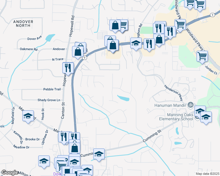 map of restaurants, bars, coffee shops, grocery stores, and more near 141 Denna Drive in Alpharetta
