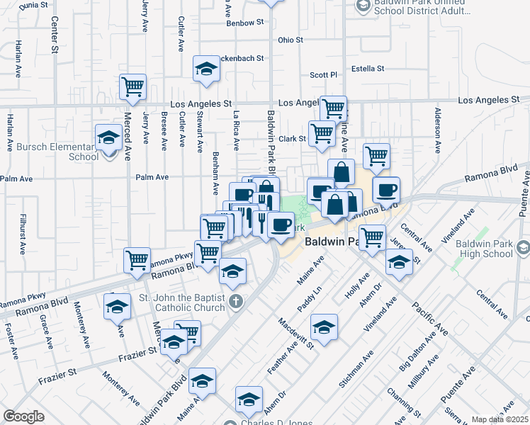 map of restaurants, bars, coffee shops, grocery stores, and more near 14149 Ramona Boulevard in Baldwin Park