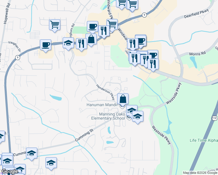 map of restaurants, bars, coffee shops, grocery stores, and more near 4030 Lullwater Way in Alpharetta