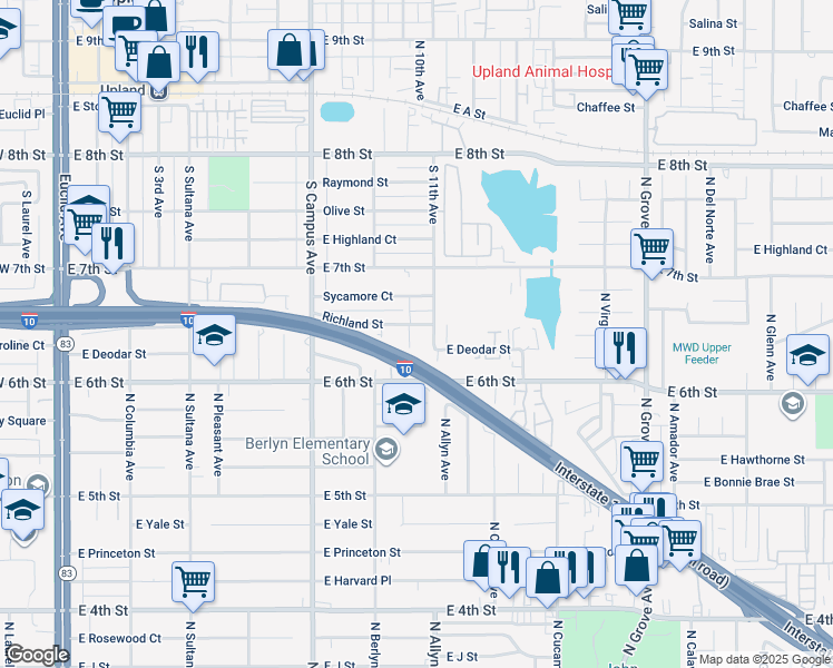 map of restaurants, bars, coffee shops, grocery stores, and more near 1558 North Hope Avenue in Ontario
