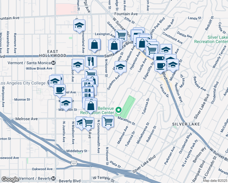 map of restaurants, bars, coffee shops, grocery stores, and more near 853 Sanborn Avenue in Los Angeles