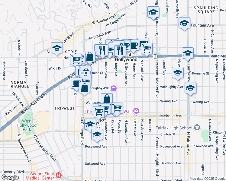 map of restaurants, bars, coffee shops, grocery stores, and more near 851 Kings Road in West Hollywood