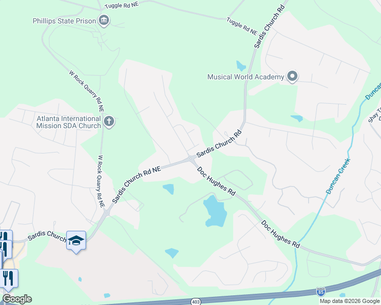 map of restaurants, bars, coffee shops, grocery stores, and more near 2651 Sedgeview Lane Northeast in Buford