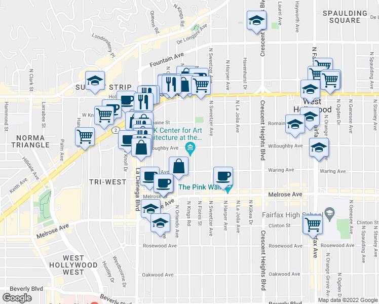 map of restaurants, bars, coffee shops, grocery stores, and more near 851 Kings Road in West Hollywood