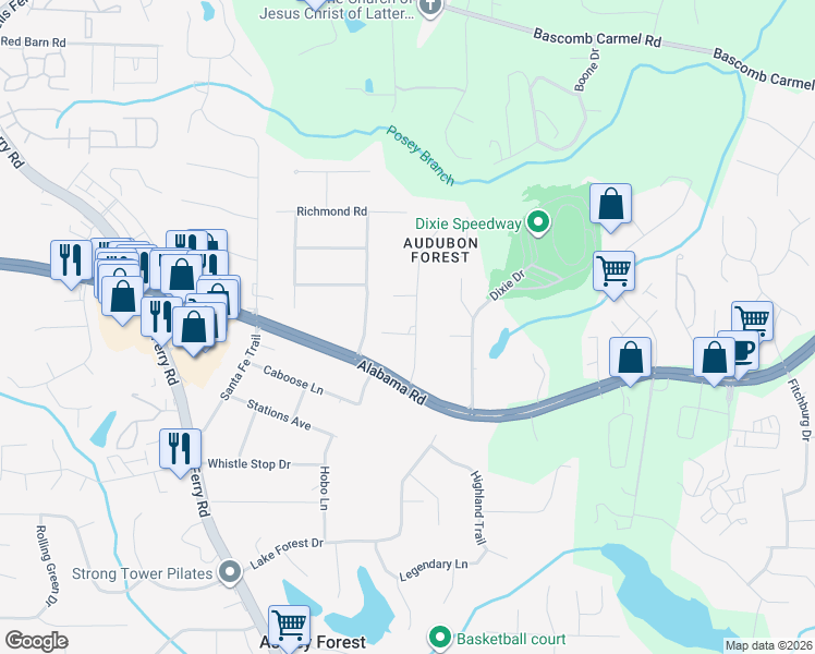 map of restaurants, bars, coffee shops, grocery stores, and more near 303 Red Bird Way in Woodstock