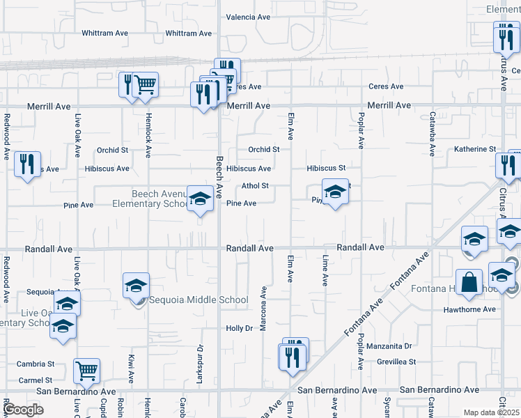 map of restaurants, bars, coffee shops, grocery stores, and more near 15413 Pine Avenue in Fontana