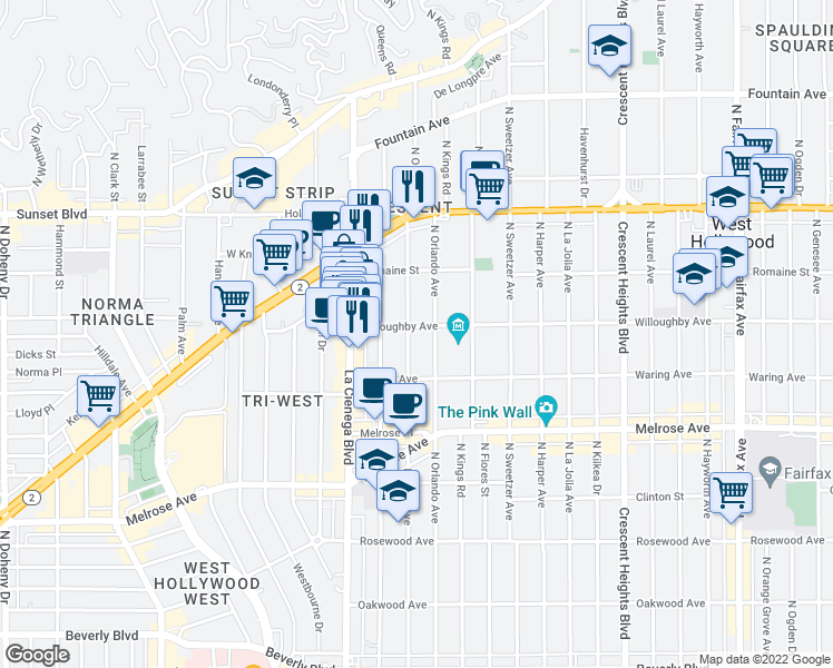 map of restaurants, bars, coffee shops, grocery stores, and more near 850 Croft Avenue in Los Angeles