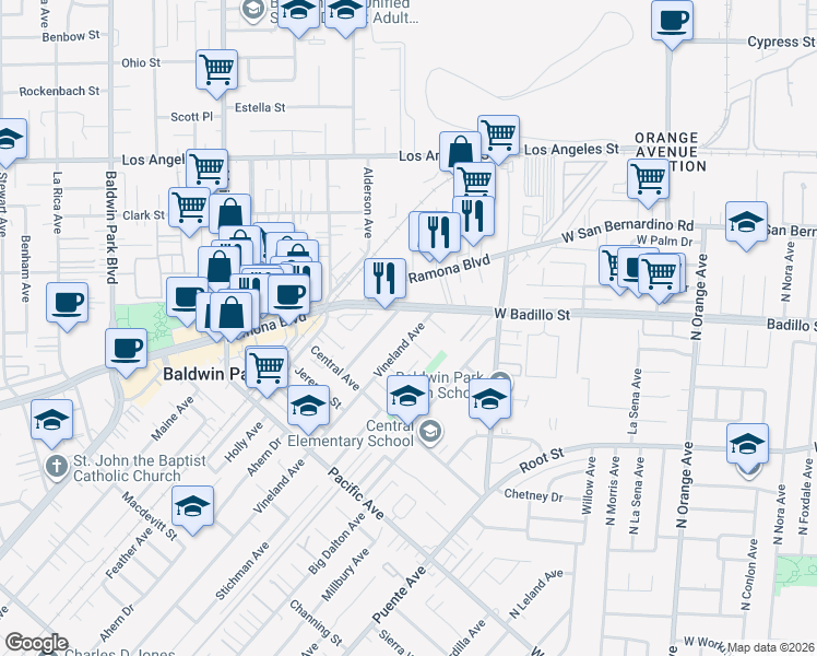map of restaurants, bars, coffee shops, grocery stores, and more near 14752 Ramona Boulevard in Baldwin Park