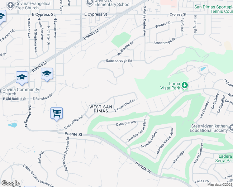 map of restaurants, bars, coffee shops, grocery stores, and more near 21107 East Mesarica Road in Covina