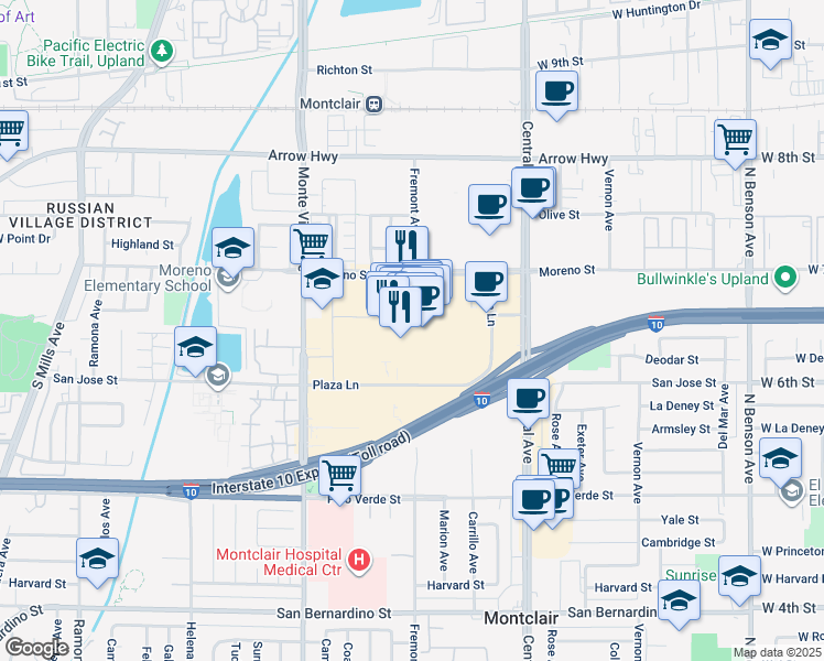 map of restaurants, bars, coffee shops, grocery stores, and more near 5133 North Montclair Plaza Lane in Montclair